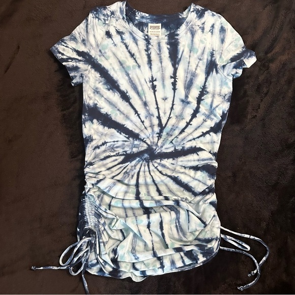 Victoria’s Secret PINK Blue Tie-Dye Ruched T-Shirt Y2K Style XS - Picture 2 of 12